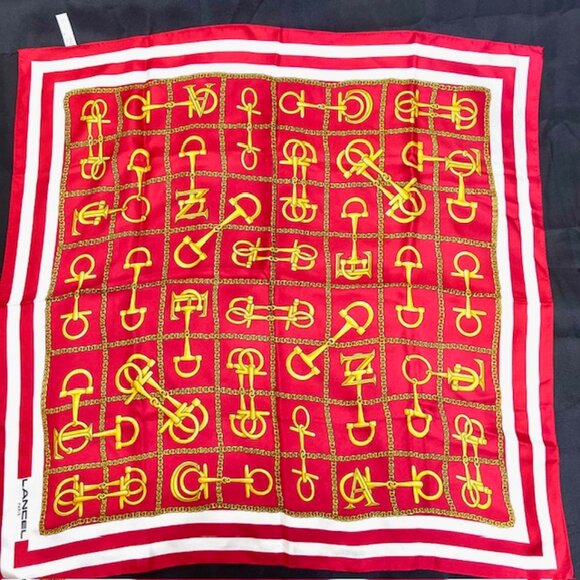 New Unused Lancel Paris 100% Silk Satin Scarf 23" red white gold chain (77 - Picture 5 of 7